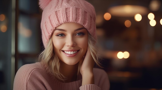 eine Frau mit einem rosa Hut und einem lächelnden Gesicht