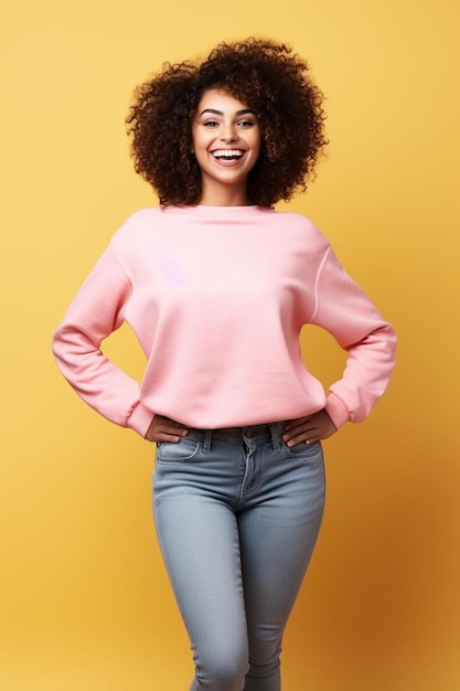 eine Frau mit einem rosa Pullover und einem gelben Hintergrund