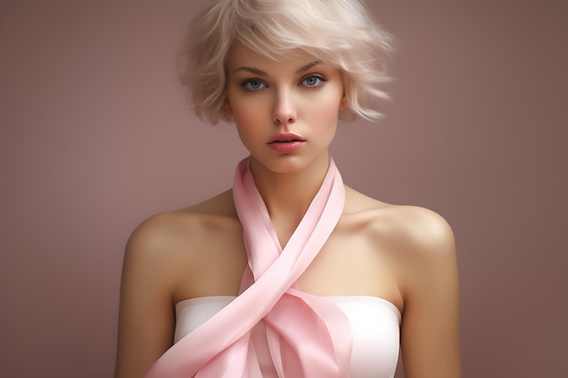 Eine Frau mit einem rosa Schal um den Hals feiert den Monat der Krebswarnung