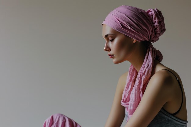 Eine Frau mit einem rosa Turban sitzt auf dem Boden