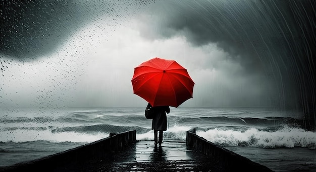 Eine Frau mit einem roten Regenschirm steht auf einem Pier im Regen.