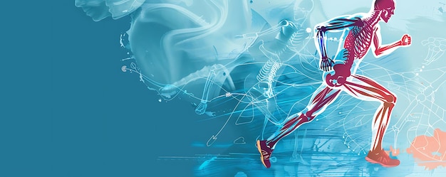 eine Frau mit einem roten Schuh an der Unterseite ihres Körpers läuft auf einer blauen Oberfläche