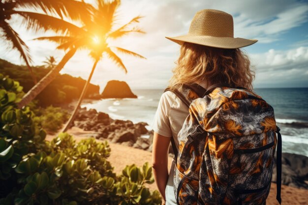 Foto eine frau mit einem rucksack, die auf den ozean schaut, perfekt für reise- und abenteuerkonzepte.