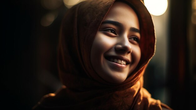 Eine Frau mit einem Schal und einem Lächeln im Gesicht.