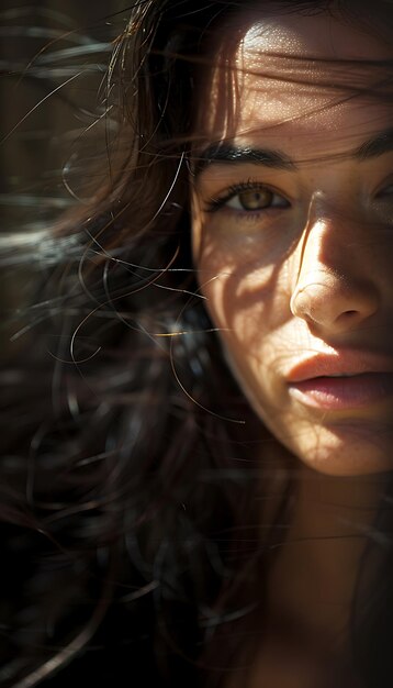 eine Frau mit einem Schatten ihres Gesichts und der Sonne, die auf ihr Gesicht scheint