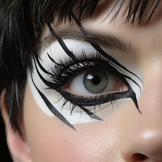 eine Frau mit einem schwarz-weißen Auge, bemalt mit einem schwarz-weißen Auge.