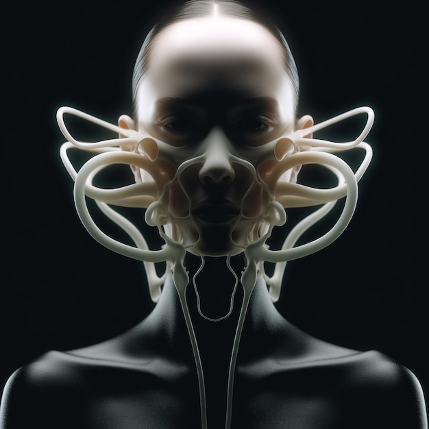 Eine Frau mit einem seltsamen Kopf und einem spiralförmigen Design oben links