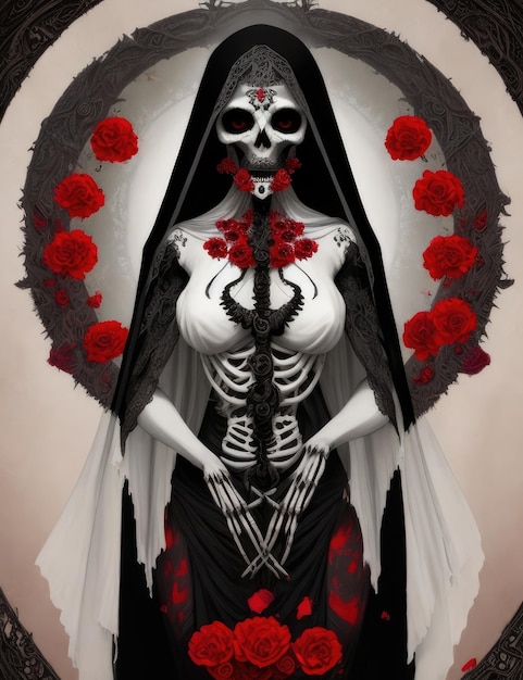 Eine Frau mit einem Skelett auf dem Kopf steht vor einem Kranz aus roten Rosen.