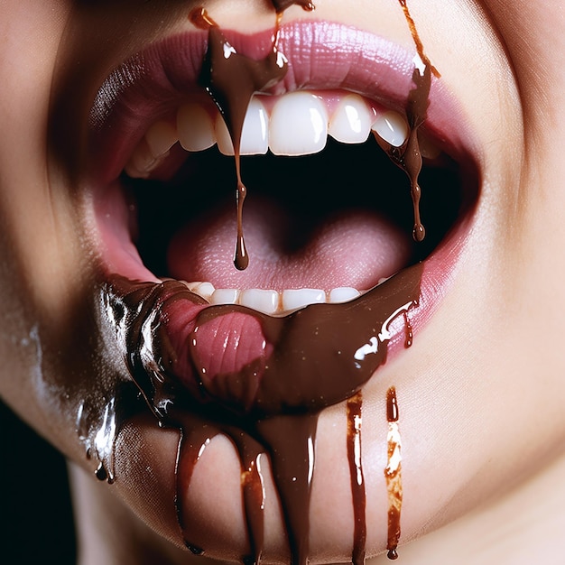 Foto eine frau mit einem spritzer schokolade auf dem mund