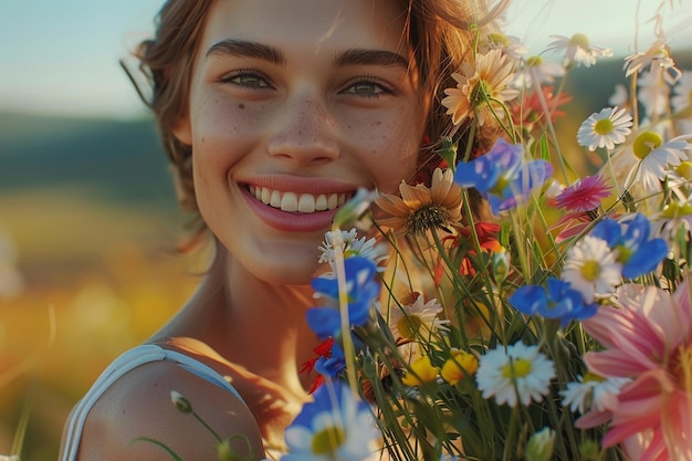 Foto eine frau mit einem strahlenden lächeln hält einen blumenstrauß