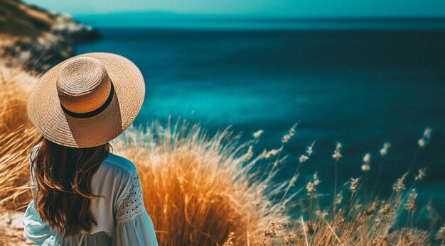 Eine Frau mit einem Strohhut steht am Strand