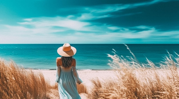 Eine Frau mit einem Strohhut steht am Strand