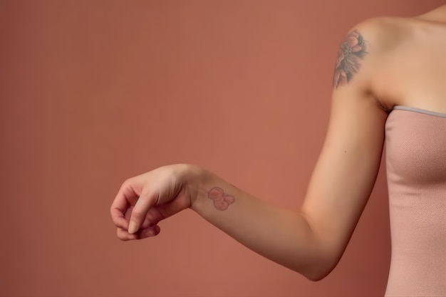 Eine Frau mit einem Tattoo auf dem Arm trägt das Tattoo einer Maus.