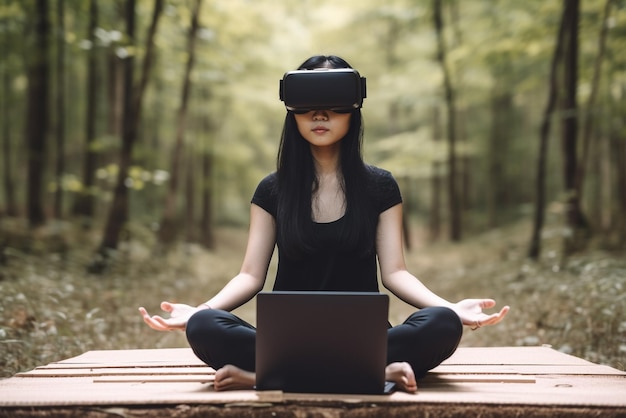 Foto eine frau mit einem virtual-reality-headset sitzt in einem wald