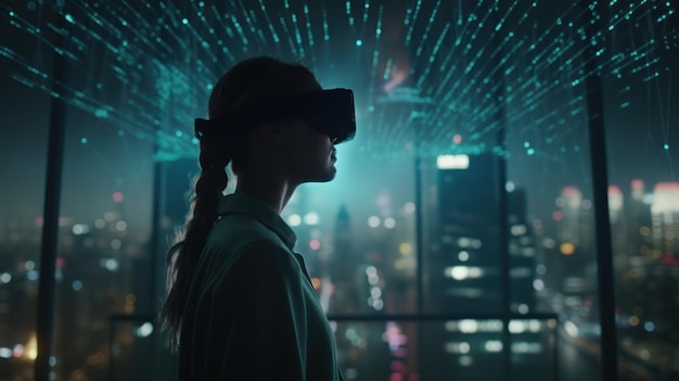 Eine Frau mit einem Virtual-Reality-Headset steht vor einer Stadtlandschaft.