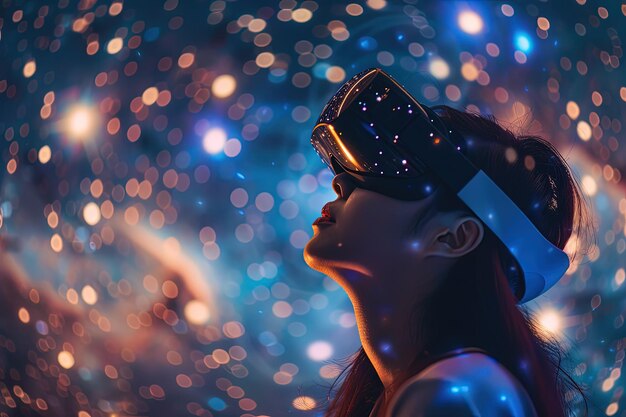 Eine Frau mit einem Virtual-Reality-Headset vor einem bunten Hintergrund