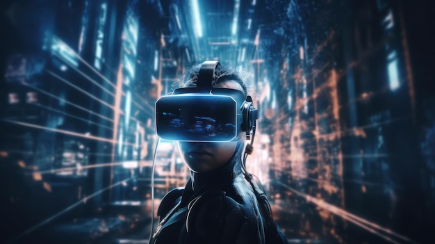 Eine Frau mit einem Virtual-Reality-Headset vor einem futuristischen Hintergrund.