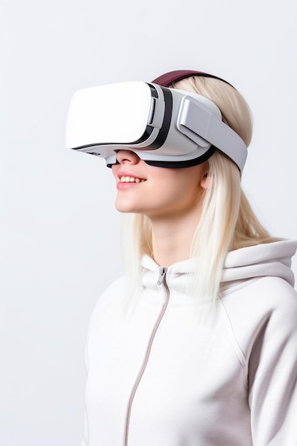 eine Frau mit einem virtuellen Reality-Headset und einem weißen Hoodie