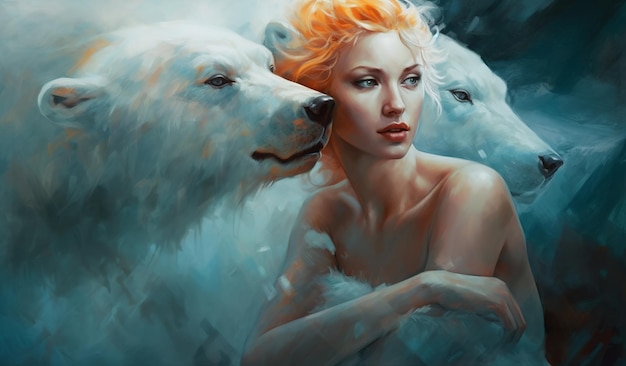 Eine Frau mit einem weißen Eisbären, digitale, faszinierende Kunstwerke, Fantasy-Illustration