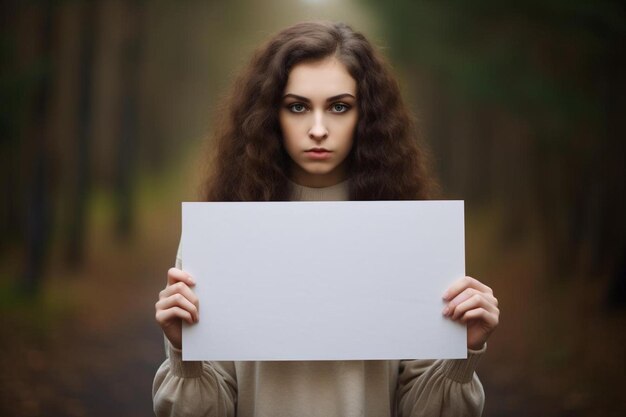 eine Frau mit einem weißen Schild, auf dem steht, dass sie es hält