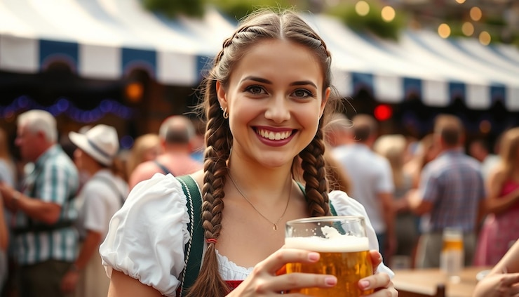 Foto eine frau mit einem zopf im haar hält ein glas bier