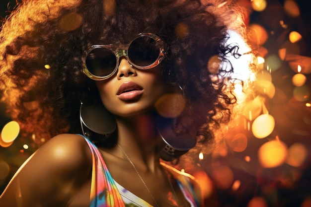eine Frau mit einer Afro-Frisur in stilvollen Brillen auf einem goldenen Hintergrund mit Bokeh-Effekten, die Schönheit und Stil hervorheben