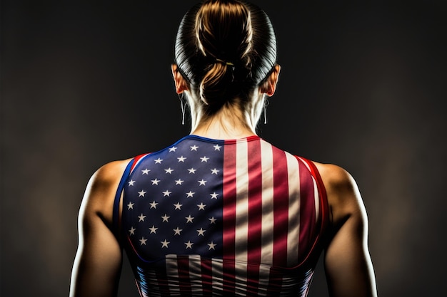 Eine Frau mit einer amerikanischen Flagge auf dem Rücken steht vor einem dunklen Hintergrund.