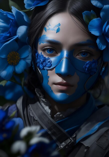 Eine Frau mit einer blauen Maske und Blumen im Gesicht. Generative KI