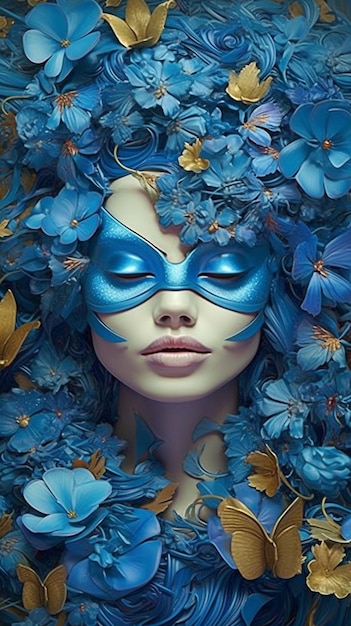 Eine Frau mit einer blauen Maske und Blumen im Gesicht
