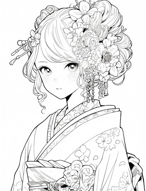 Foto eine frau mit einer blume im haar und einem kimono generativ ai
