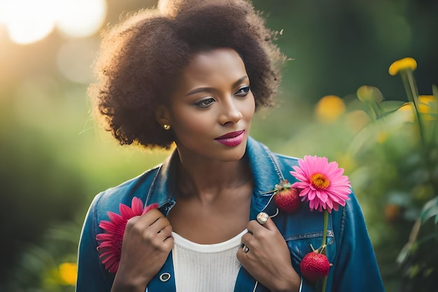 Foto eine frau mit einer blume in der hand steht in einem blumenfeld.