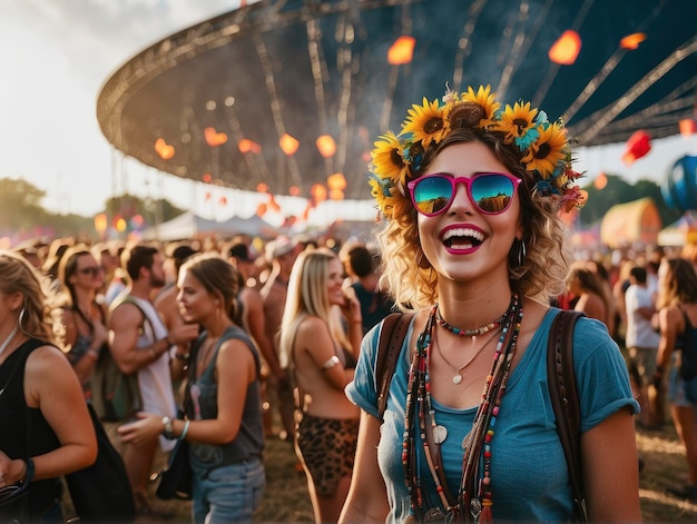 eine Frau mit einer Blumenkrone auf dem Kopf bei einem Fest mit anderen Leuten