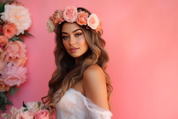 Eine Frau mit einer Blumenkrone auf dem Kopf steht vor einer rosa Wand.