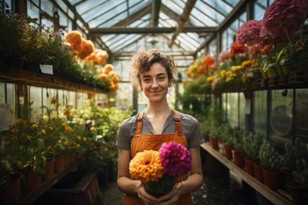 Eine Frau mit einer Botanikerschürze steht mit strahlendem Lächeln in einem Gewächshaus