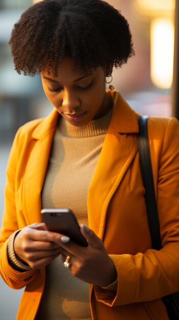 eine Frau mit einer gelben Jacke schreibt auf ihrem Handy