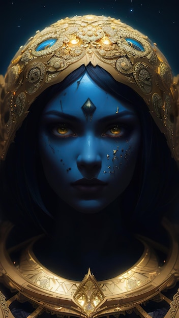 Eine Frau mit einer goldenen Krone und einem blauen Gesicht mit einer goldenen Krone auf dem Kopf.