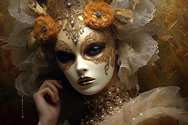 Eine Frau mit einer goldenen Maske und Blumen im Gesicht