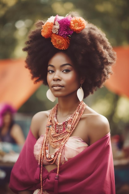 Eine Frau mit einer großen Afrofrisur mit Blumen auf dem Kopf