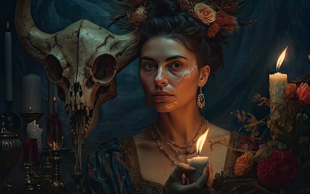 Eine Frau mit einer Kerze und einem Totenkopf