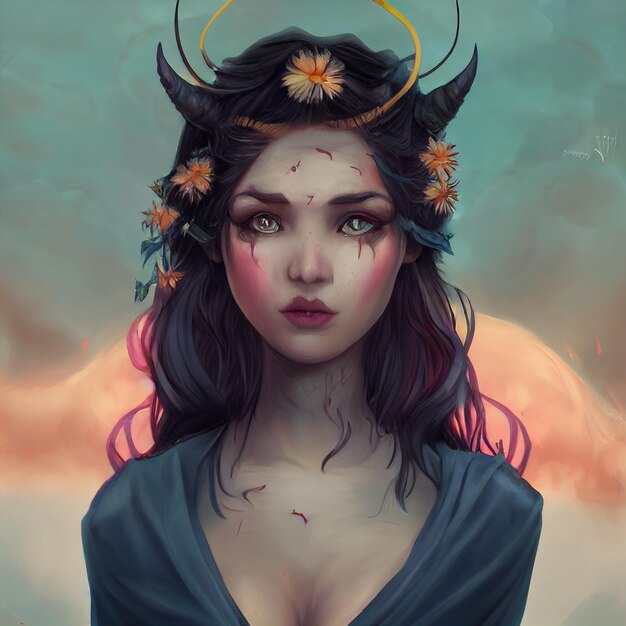 Eine Frau mit einer Krone auf dem Kopf und einer Blume auf dem Kopf.