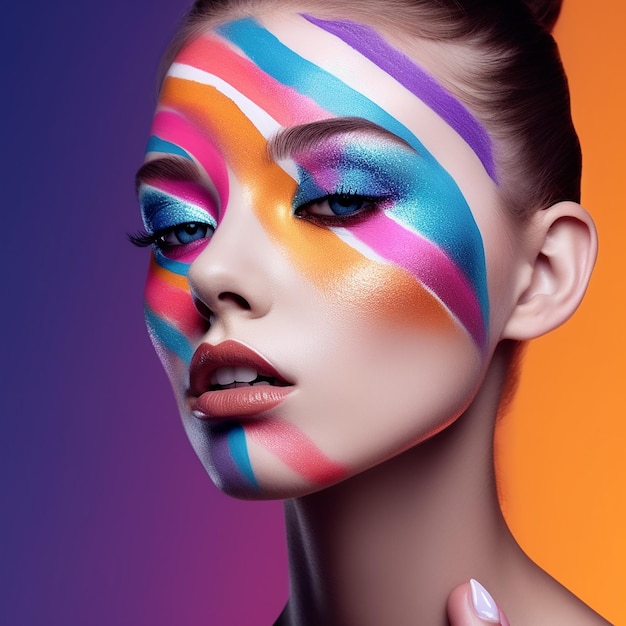 eine Frau mit einer regenbogenfarbenen Gesichtsbemalung im Gesicht.