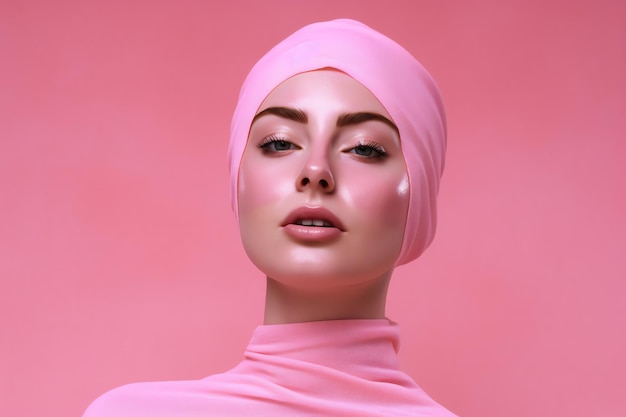 Eine Frau mit einer rosa Mütze und einem rosa Schal auf dem Kopf