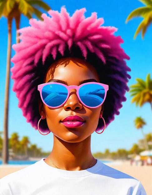 eine Frau mit einer rosa Perücke und Sonnenbrille steht am Strand