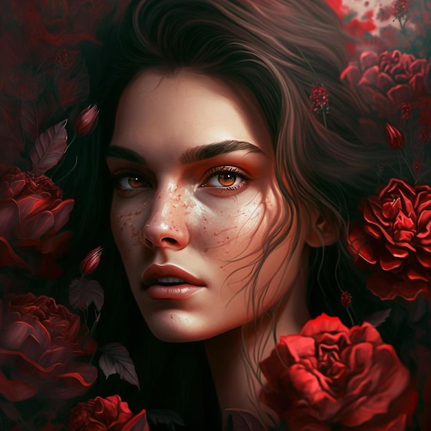 Eine Frau mit einer roten Rose im Gesicht