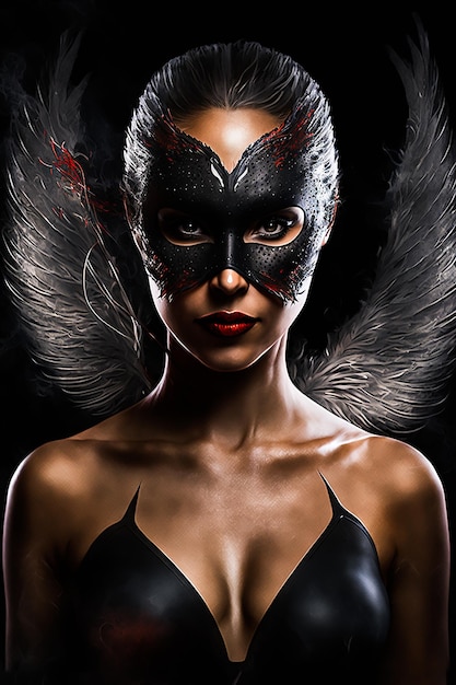 Eine Frau mit einer schwarzen Katzenmaske im Gesicht steht im Dunkeln.