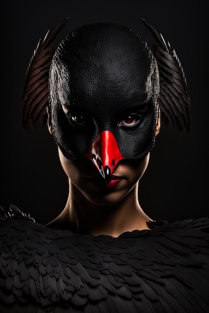 Eine Frau mit einer schwarzen Vogelmaske im Gesicht