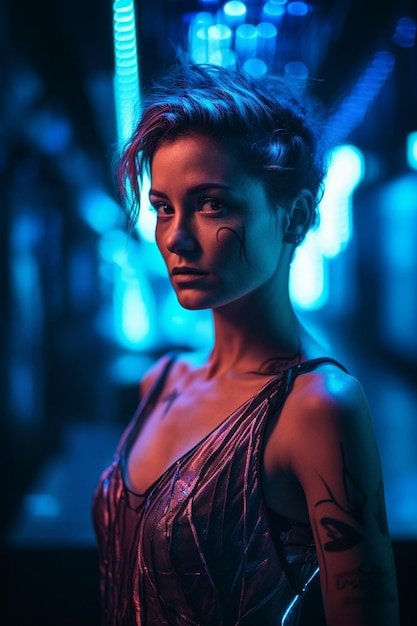 Eine Frau mit einer Tätowierung im Gesicht steht vor einem blauen Neonlicht.