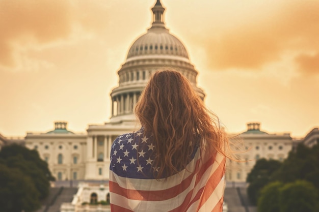 Eine Frau mit einer USA-Flagge steht auf dem Kapitol-Hintergrund. Unabhängigkeitstag der generativen KI der USA
