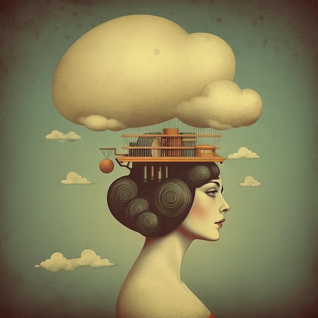 Eine Frau mit einer Wolke auf dem Kopf und dem Wort „darauf“