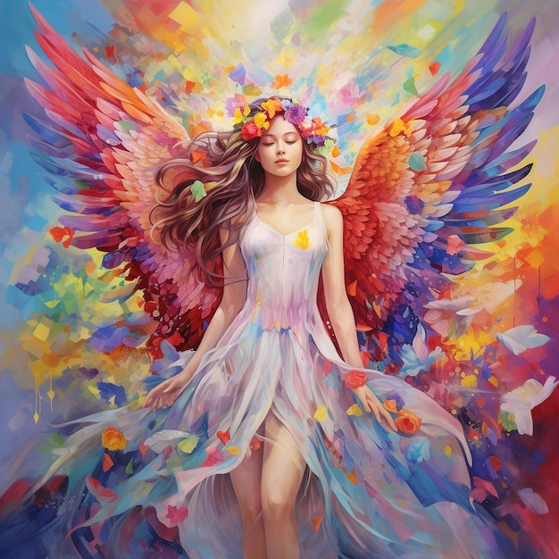 eine Frau mit Engelsflügeln und Flügeln, die in einem Regenbogen aus Farben bemalt sind.